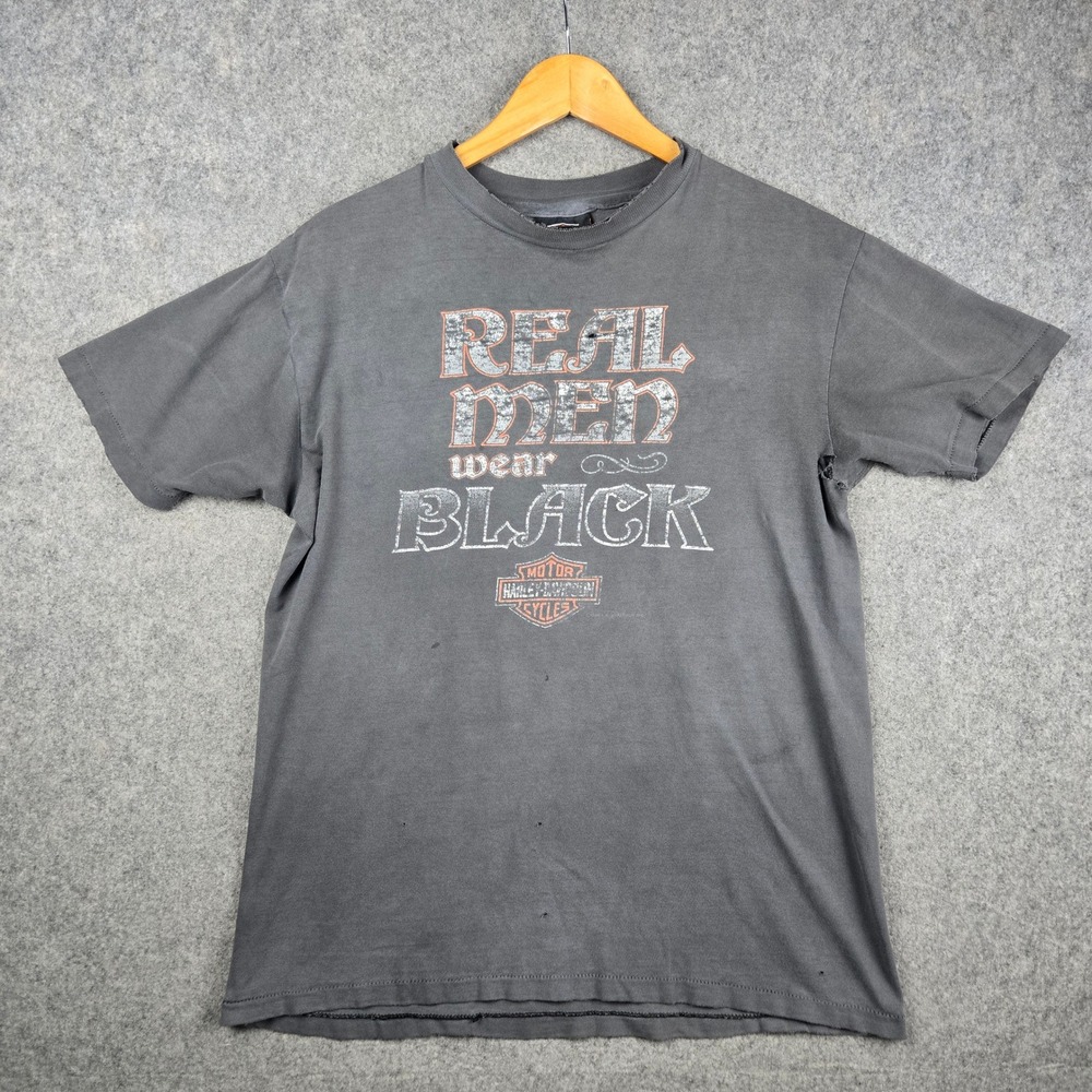 Vtg Harley Davidson Shirt Mens L Faded Black Real Men Wear Black Grunge 90s
